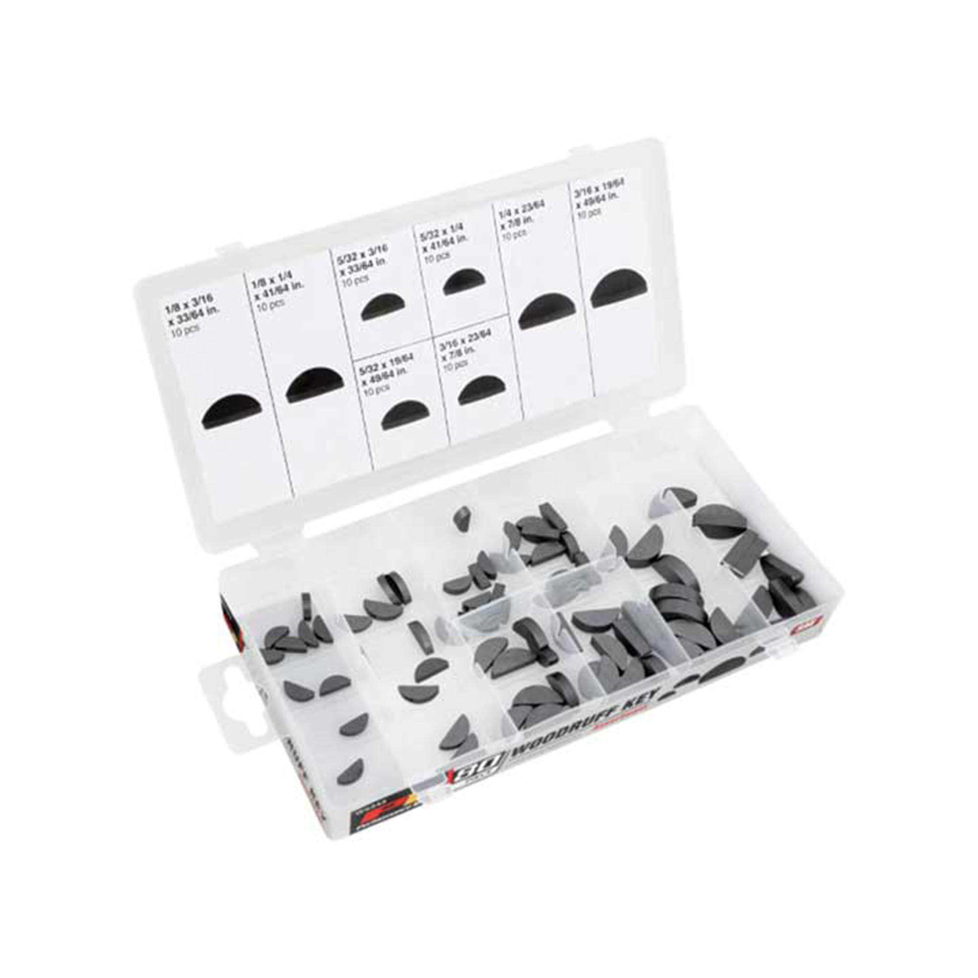 Performance Tool Woodruff Key Assortment — 80 Pcs, SAE, 8 Popular Sizes, Re-Sealable Case, Model# PRTW5343